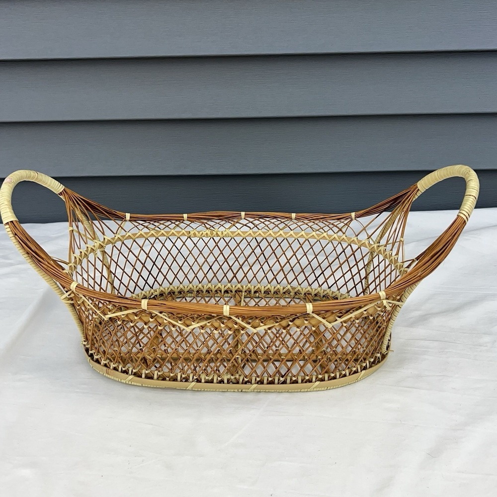 Vintage Wicker Basket Tray Boho Farmhouse Decor Woven Rattan Handles Oval